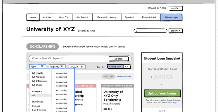 An early wireframe of the scholarship search center